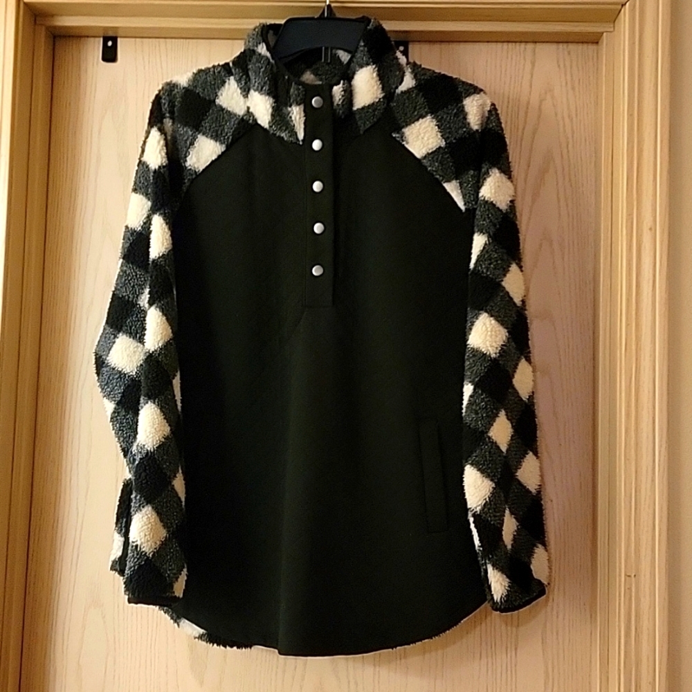 Buffalo Plaid Quilted Snap Front Sherpa Pullover Sweatshirt